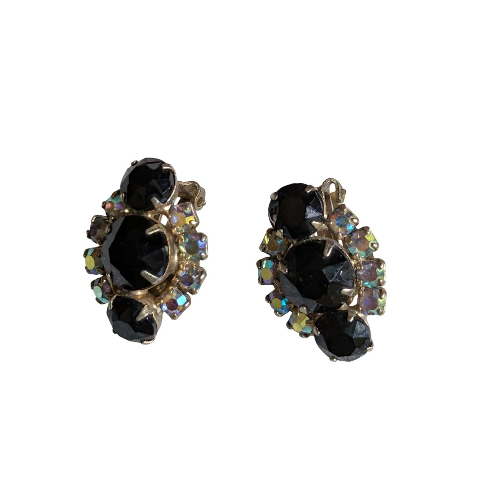 Vintage Black Aurora Borealis Rhinestone Clip On Earrings Mid Century Cluster
